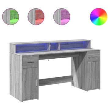 Birou cu lumini LED, gri sonoma, 160x55x91 cm, lemn prelucrat - Img 2