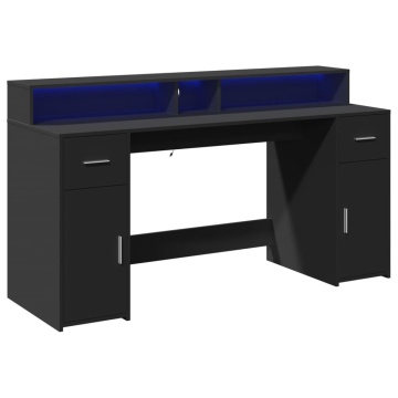 Birou cu lumini LED, negru, 160x55x91 cm, lemn prelucrat - Img 3