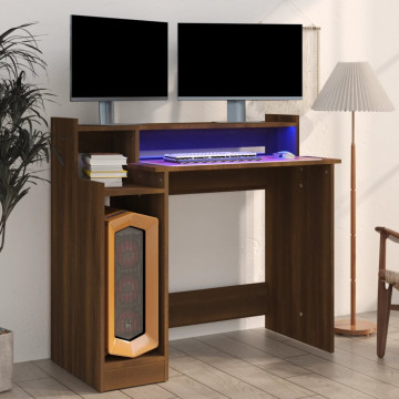 Birou cu lumini LED, stejar maro, 97x90x45 cm lemn prelucrat - Img 1