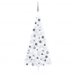 Brad de Crăciun artificial jumătate LED & globuri alb 180 cm - Img 1