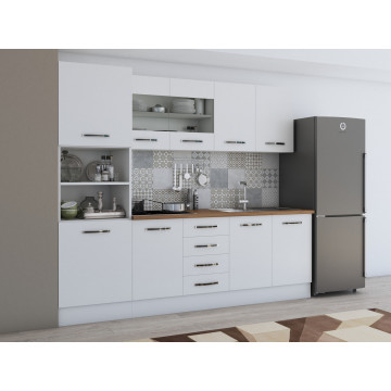 Bucatarie Alfa 240, Soldat, Cu vitrina, Alb, Blat termic nuc - Img 3