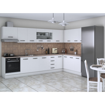 Bucatarie de colt Alfa, Corp hota, Corp cuptor, Cu vitrina, Alb, Blat termic travertin - Img 1