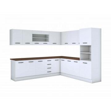 Bucatarie de colt Alfa, Corp inalt cuptor, Cu vitrina, Alb, Blat termic nuc - Img 3