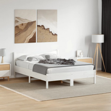 Cadru de pat, alb, 135x190 cm, lemn masiv de pin - Img 3