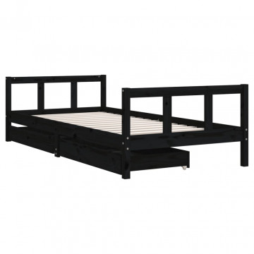 Cadru de pat copii cu sertare, negru, 90x200 cm, lemn masiv pin - Img 3