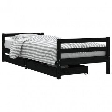 Cadru de pat copii cu sertare, negru, 90x200 cm, lemn masiv pin - Img 2