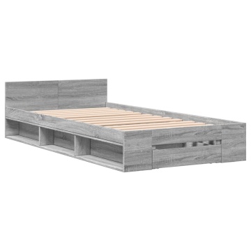 Cadru de pat cu sertar gri sonoma 100x200 cm lemn prelucrat - Img 2