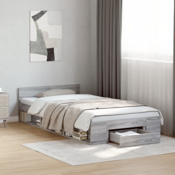 Cadru de pat cu sertar gri sonoma 90x200 cm lemn prelucrat - Img 3