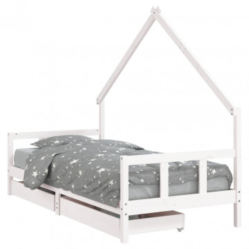 Cadru de pat cu sertare de copii, alb, 90x200 cm lemn masiv pin - Img 2