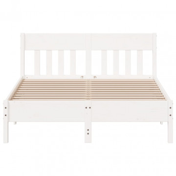 Cadru de pat cu tăblie, alb, 135x190 cm, lemn masiv de pin - Img 4