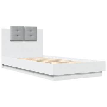 Cadru de pat cu tăblie și lumini LED, alb, 75x190 cm - Img 3