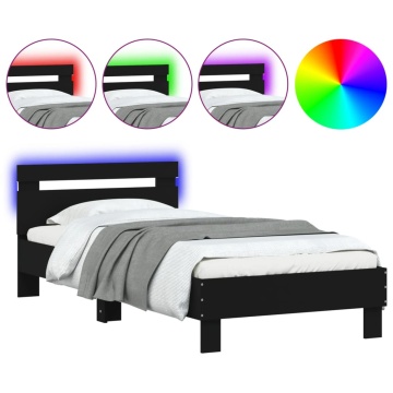 Cadru de pat cu tăblie și lumini LED, negru, 75x190 cm - Img 2