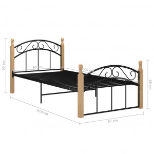 Cadru de pat, negru, 90x200 cm, metal și lemn masiv de stejar - Img 5