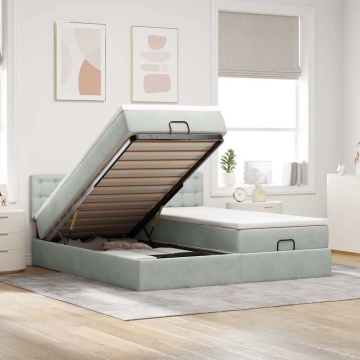 Cadru de pat otoman cu saltele Gri deschis 180x200cm catifea - Img 1