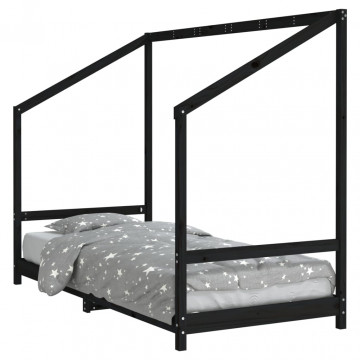 Cadru de pat pentru copii, negru, 90x190 cm, lemn masiv de pin - Img 2