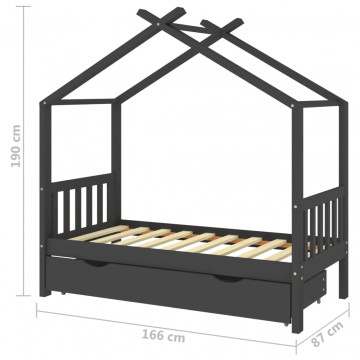Cadru pat copii cu sertar gri închis 80x160 cm lemn masiv pin - Img 6