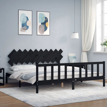 Cadru pat cu tăblie 200x200 cm, negru, lemn masiv - Img 1