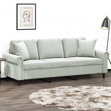 Canapea cu 3 locuri cu pernuțe, gri deschis, 180 cm, catifea - Img 1