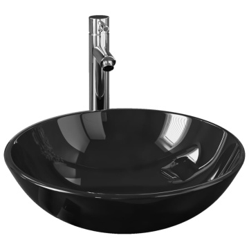 Chiuvetă baie robinet și scurgere tip push, negru sticlă călită - Img 2