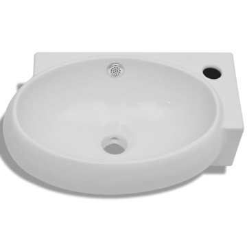 Chiuvetă de baie, orificiu robinet & preaplin, alb, ceramică - Img 3