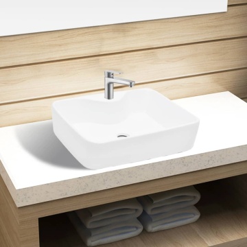 Chiuvetă de baie pătrată din ceramică cu gaură pentru robinet, alb - Img 1