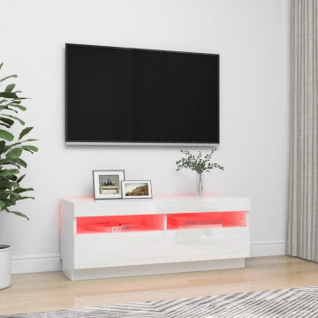 Comodă TV cu lumini LED, alb extralucios, 100x35x40 cm - Img 3