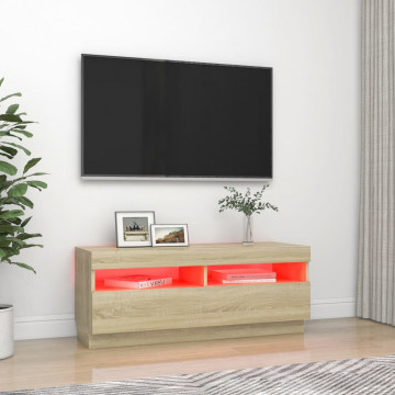 Comodă TV cu lumini LED, stejar sonoma, 100x35x40 cm - Img 3