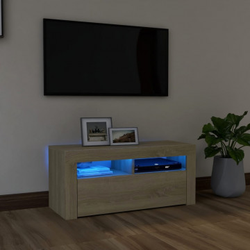 Comodă TV cu lumini LED, stejar Sonoma, 90x35x40 cm - Img 1