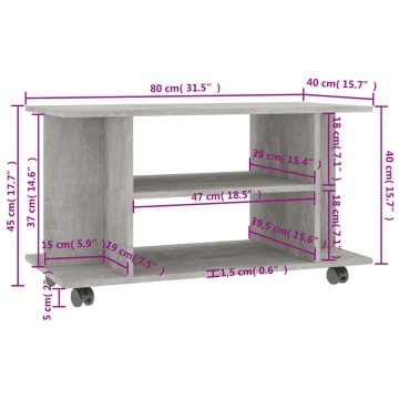 Comodă TV cu roți, gri beton, 80x40x45 cm, lemn prelucrat - Img 5