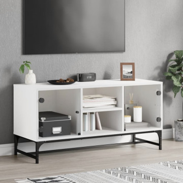 Comodă TV cu uși din sticlă, alb, 102x37x50 cm - Img 1