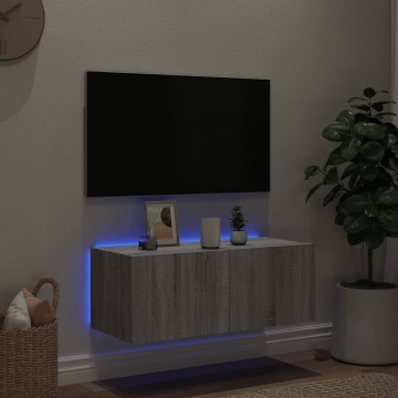 Comodă TV de perete cu lumini LED, gri sonoma, 80x35x31 cm - Img 3