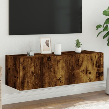Comodă TV de perete cu lumini LED, stejar fumuriu, 100x35x31 cm - Img 1
