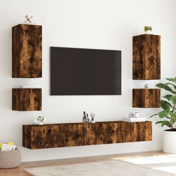 Comodă TV de perete cu lumini LED, stejar fumuriu, 100x35x31 cm - Img 6