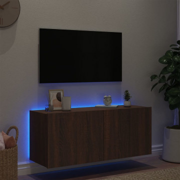 Comodă TV de perete cu lumini LED, stejar maro, 100x35x41 cm - Img 4