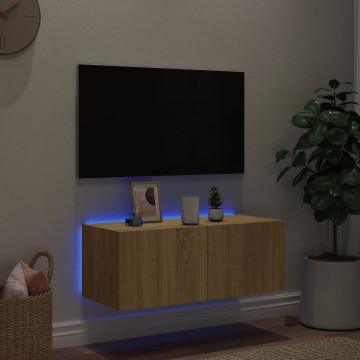 Comodă TV de perete cu lumini LED, stejar sonoma, 80x35x31 cm - Img 3