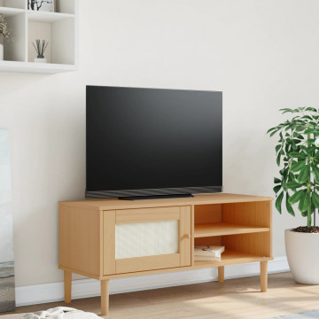 Comodă TV SENJA aspect ratan maro, 106x40x49 cm, lemn masiv pin - Img 1