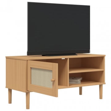 Comodă TV SENJA aspect ratan maro, 106x40x49 cm, lemn masiv pin - Img 4