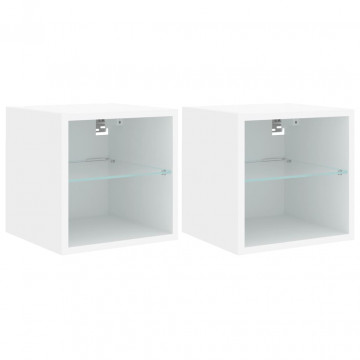 Comode TV de perete cu lumini LED, 2 buc., alb, 30x28,5x30 cm - Img 2