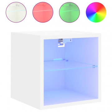 Comode TV de perete cu lumini LED, 2 buc., alb, 30x28,5x30 cm - Img 6
