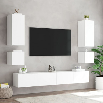Comode TV de perete cu lumini LED, 2 buc., alb, 40,5x35x40 cm - Img 8