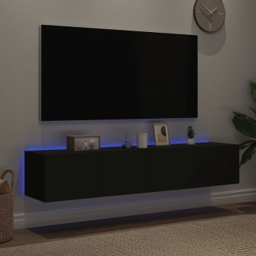 Comode TV de perete cu lumini LED, 2 buc., negru, 80x35x31 cm - Img 3