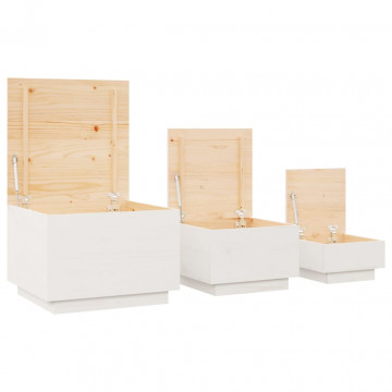 Cutii de depozitare cu capace, 3 buc., alb, lemn masiv de pin - Img 5