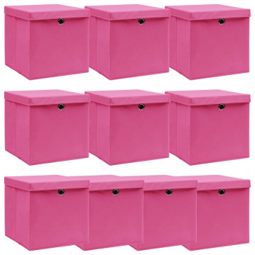 Cutii depozitare cu capace, 10 buc., roz, 32x32x32 cm, textil - Img 1
