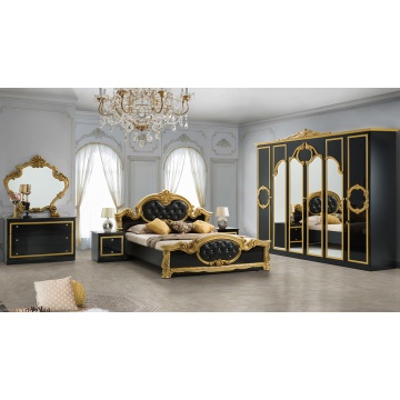 Dormitor Barocco Nero, negru/auriu, pat 160x200 cm, dulap cu 6 usi, comoda, 2 noptiere - Img 1