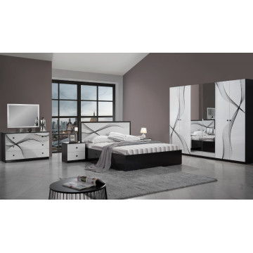 Dormitor Matrix, alb/negru lucios, dulap 260 cm, pat 160x200, 2 noptiere, comoda - Img 1