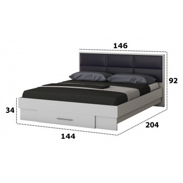 Dormitor solano, alb, dulap 150 cm, pat cu tablie tapitata negru 140x200 cm, 2 noptiere, comoda - Img 5