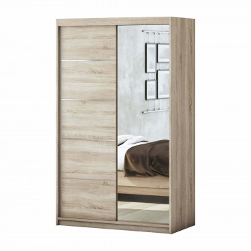 Dormitor Solano, sonoma, dulap 120 cm, pat cu tablie tapitata gri 140×200 cm, 2 noptiere, comoda - Img 6
