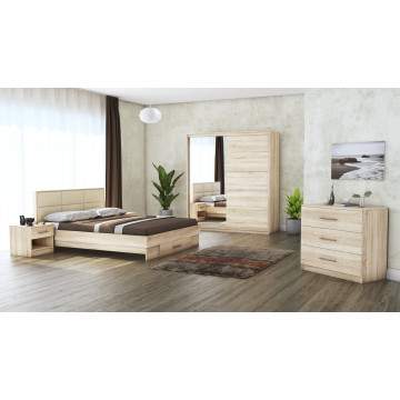 Dormitor Solano, sonoma, dulap 183 cm, pat cu tablie tapitata crem 160×200 cm, dormitor solano, 2 noptiere, comoda - Img 1