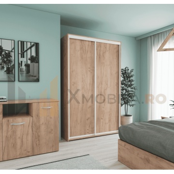 Dressing cu 2 Usi Glisante Stejar Auriu, H200x120x60cm, bara de Umerase si 5 Polite de Depozitare Pal 18 mm - Img 1