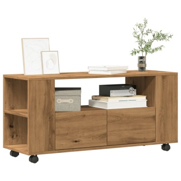 Dulap TV cu roți stejar artizanal 102x34,5x43 cm lemn prelucrat - Img 1